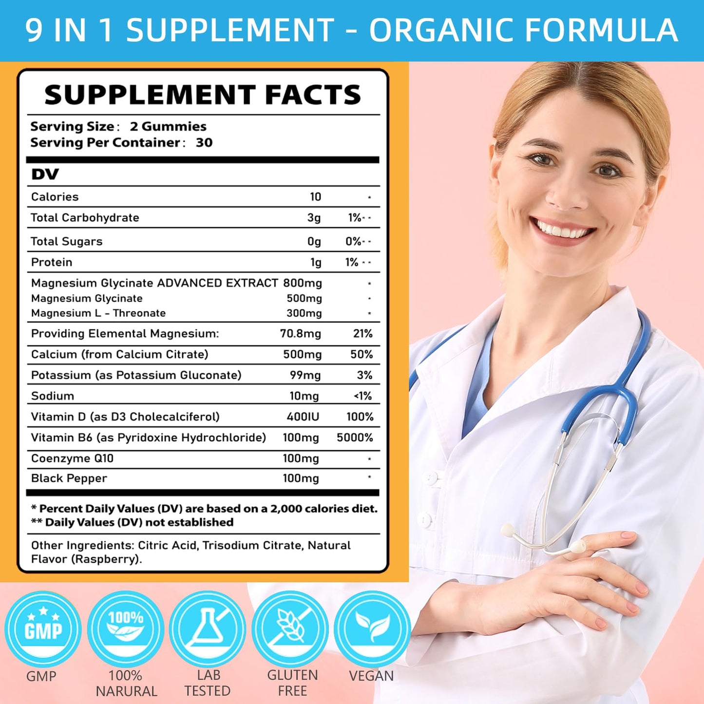 OrgEnthium Magnesium Glycinate Gummies 500mg with L-Threonate, Vitamin D, B6, Potassium & CoQ10 Gummy, 60 Count