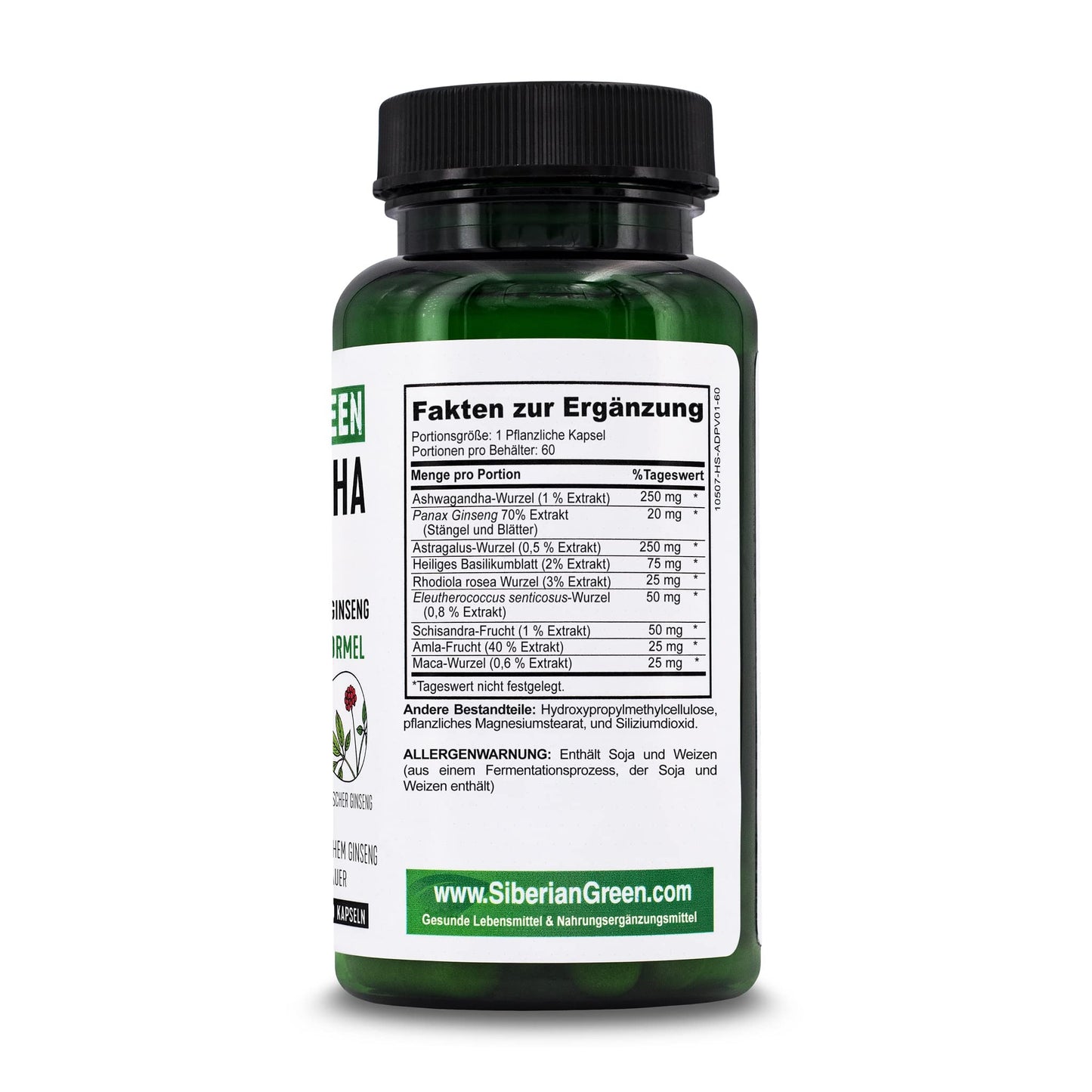 Siberian Green Organic Ashwagandha Root with Astragalus & Siberian Eleuthero Ginseng Complex Capsules, 60 Count