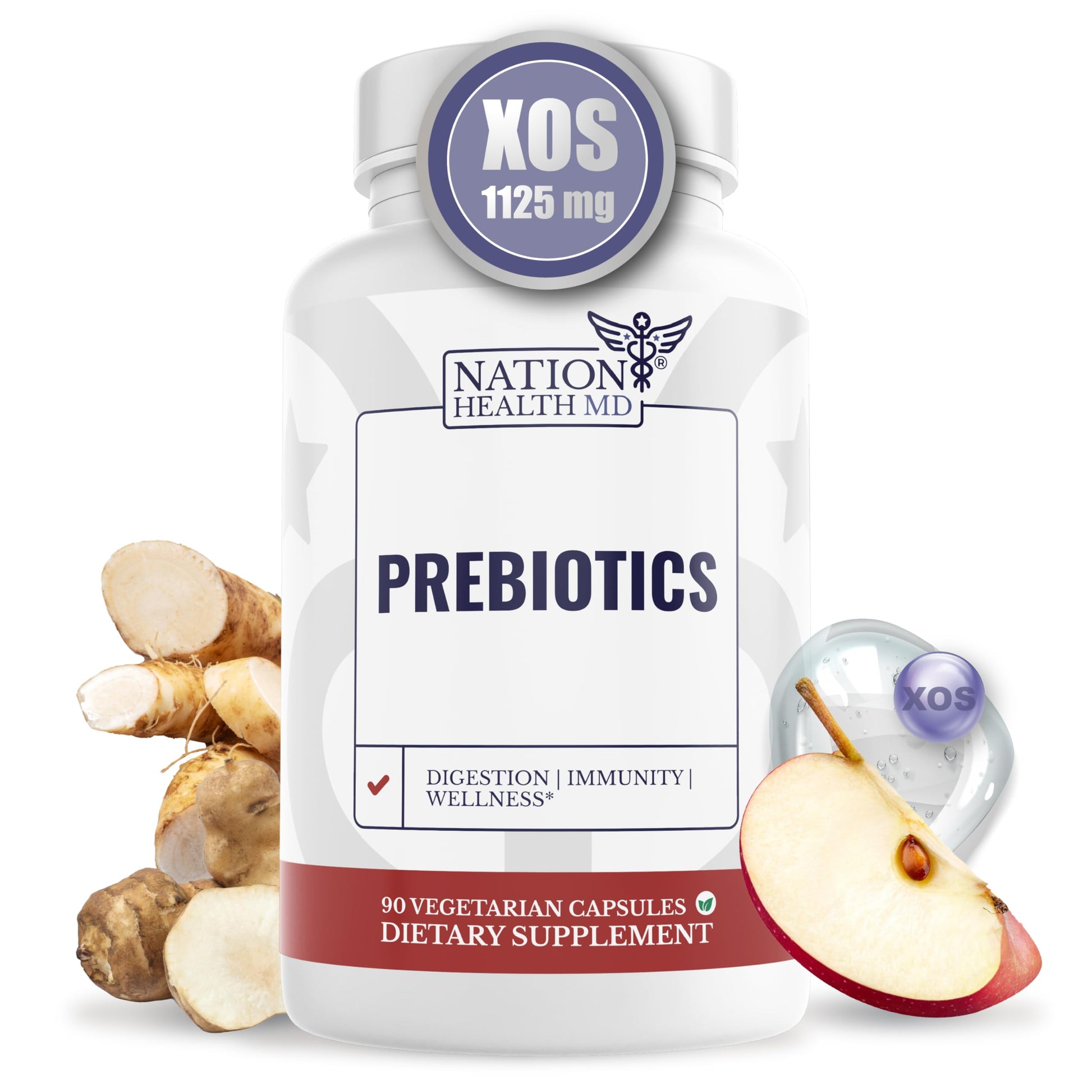 NATION HEALTH MD Prebiotics Supplement for Gut Health & Digestion - Prebiotic Fiber with XOS, Inulin, Chicory Root, Jerusalem Artichoke - Digestive Health Prebiotics for Women & Men, 90 Capsules
