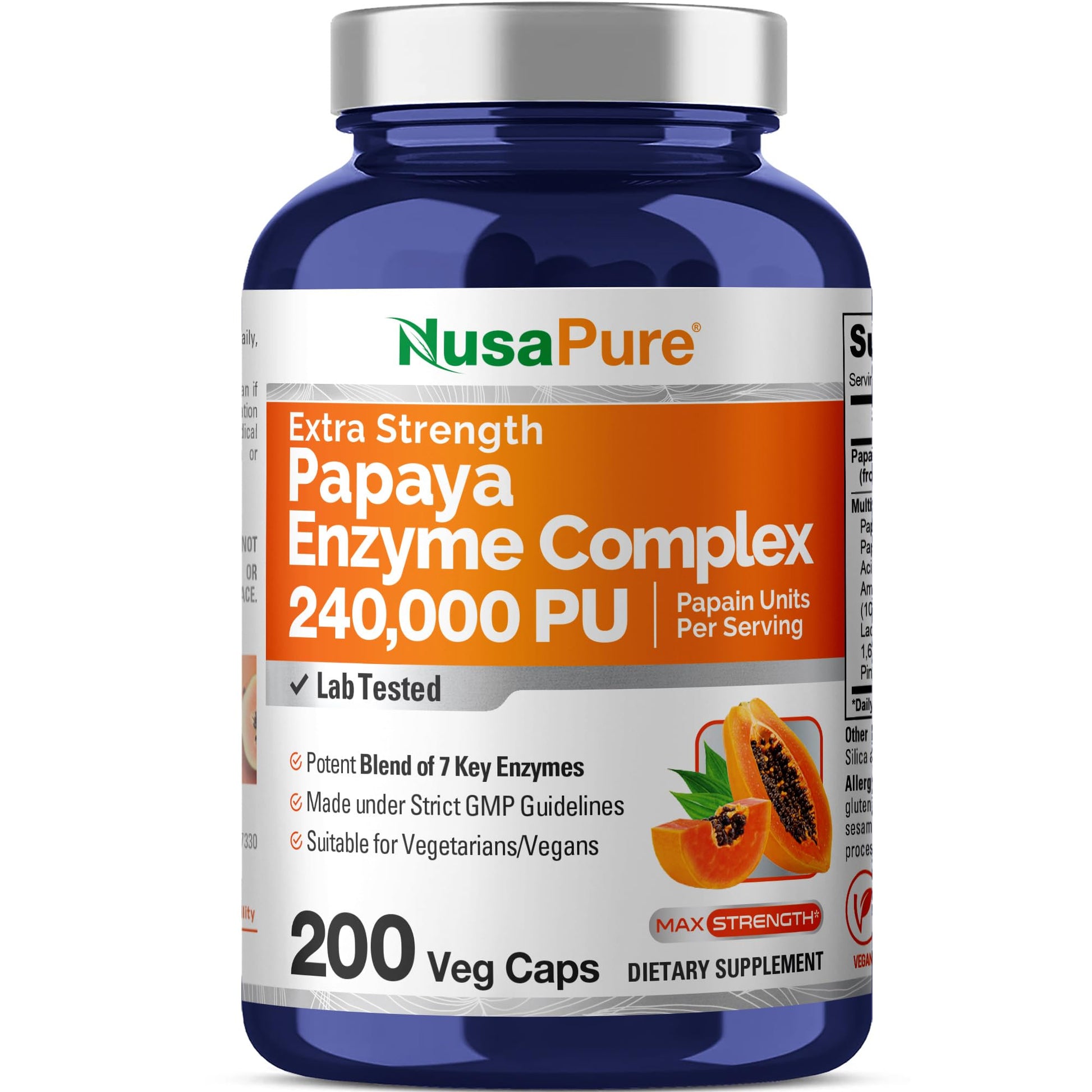 NusaPure Papaya Papain Enzyme Complex 240,000 PU Capsules, 200 Count