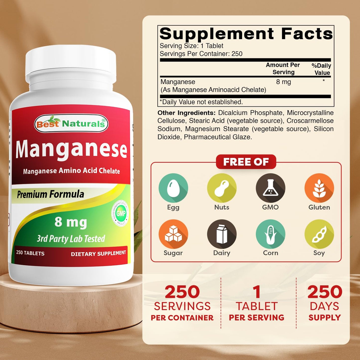 Best Naturals Manganese (Manganese Amino Acid Chelate) 8 mg Tablet, 250 Tablets