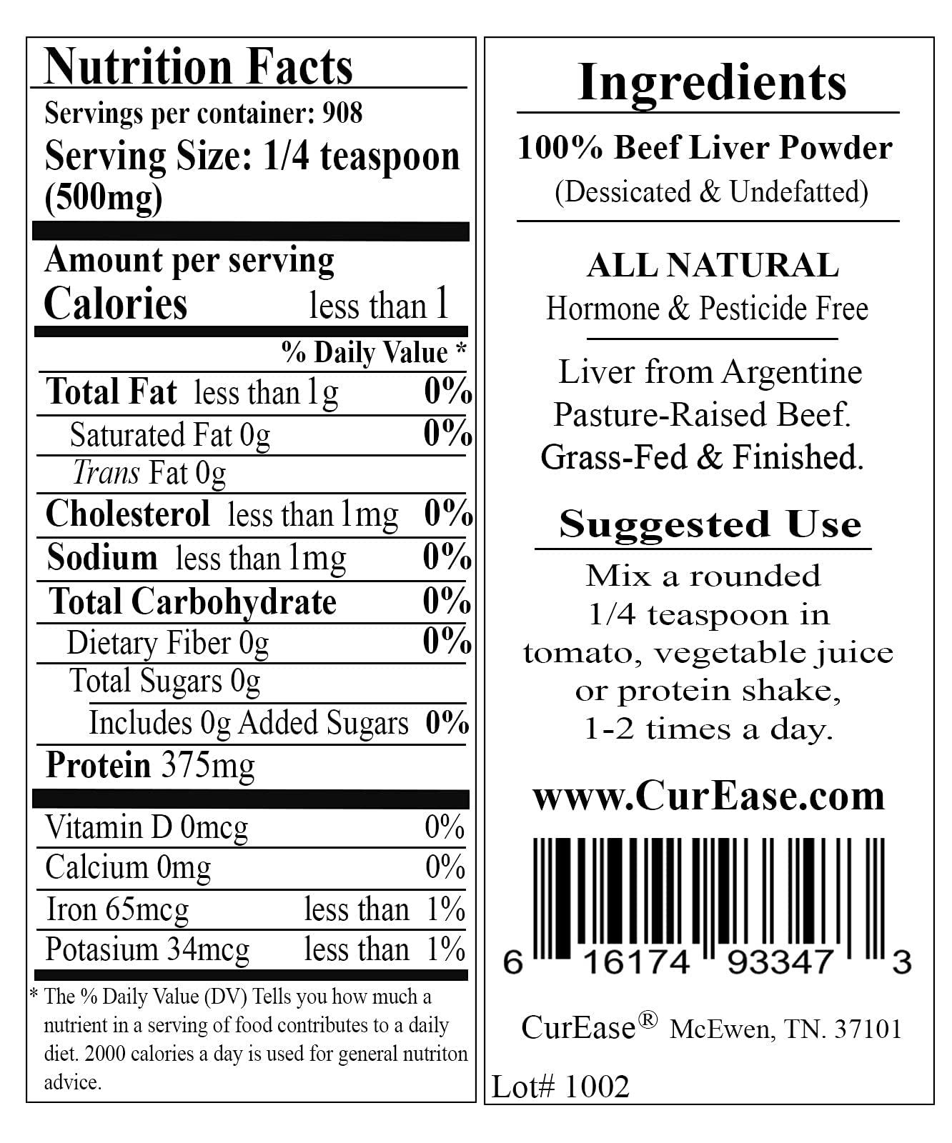 CurEase Argentine Grass Fed Beef Liver Powder, 16 oz