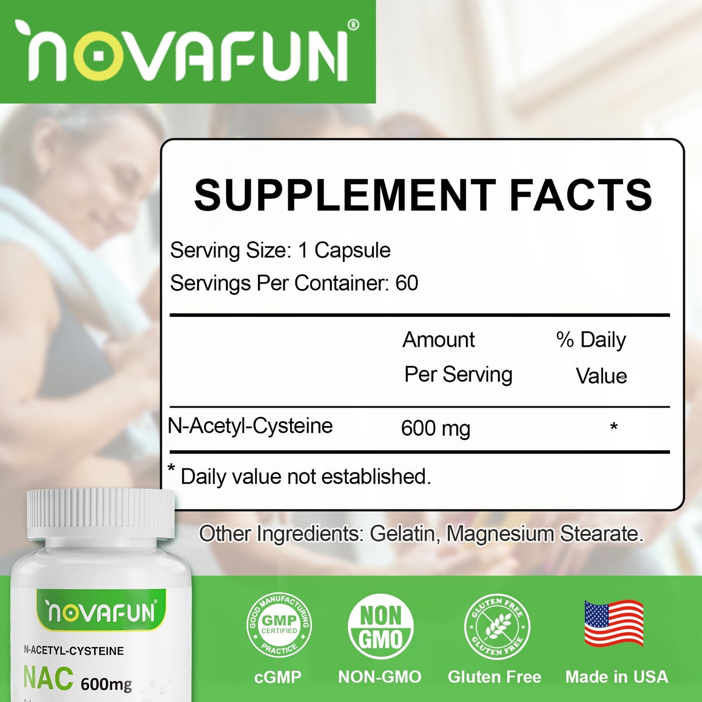 Novafun N-Acetyl Cysteine (NAC) 600mg Capsules, 60 Count