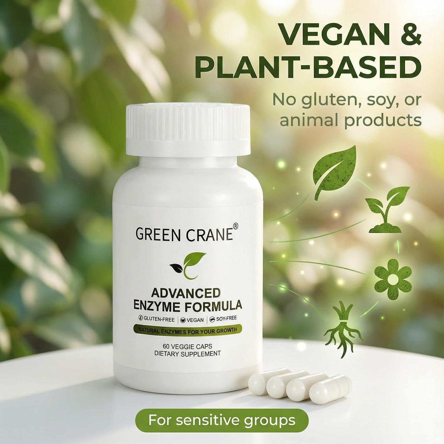 Green Crane Advanced Enzyme Formula Plant-Sourced Digestive Support Complex Gentle Gluten-Free Vegan Capsules, 60 Capsules