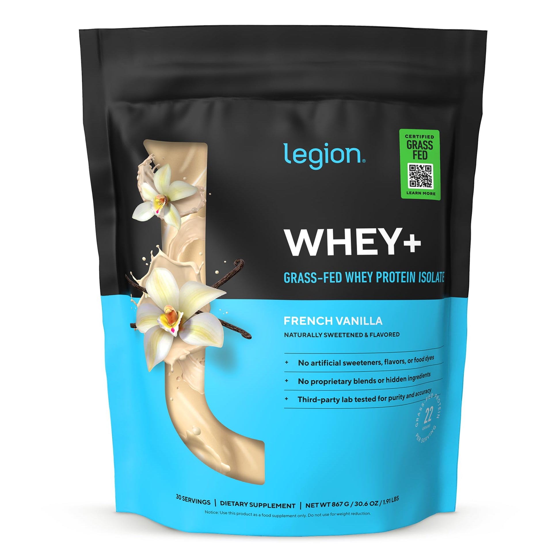 LEGION Whey+ Protein Whey Isolate from Grass Fed Cows French Vanilla 30 Servings Whey Protein Isolate Powder 31.7