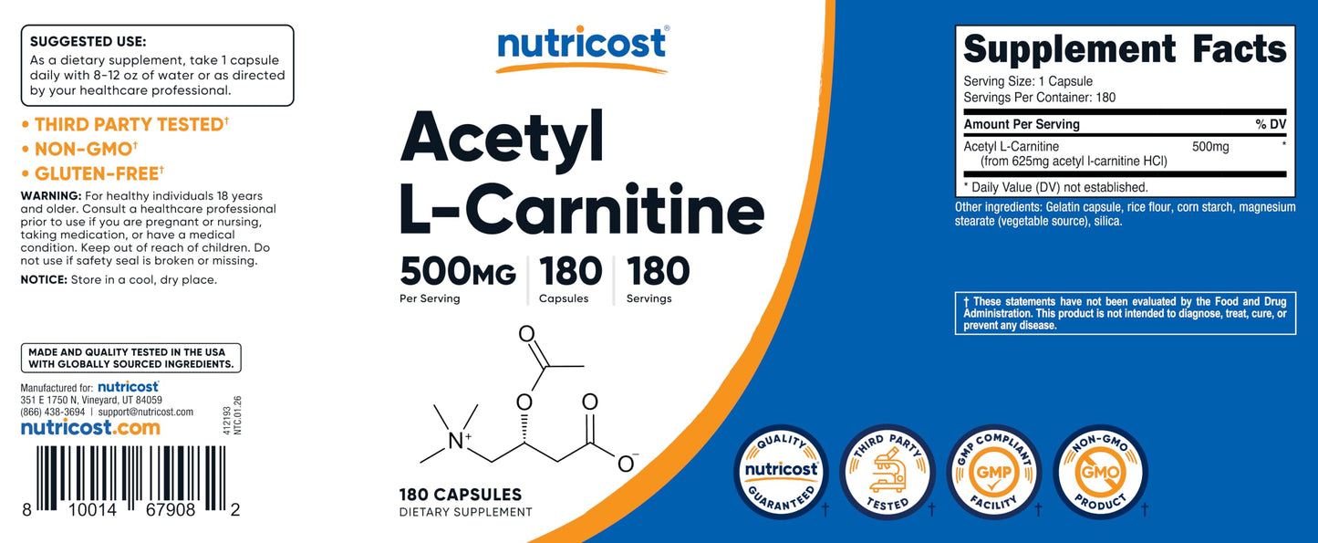 Nutricost Acetyl L-Carnitine (ALCAR) 500mg Capsules, 180 Count