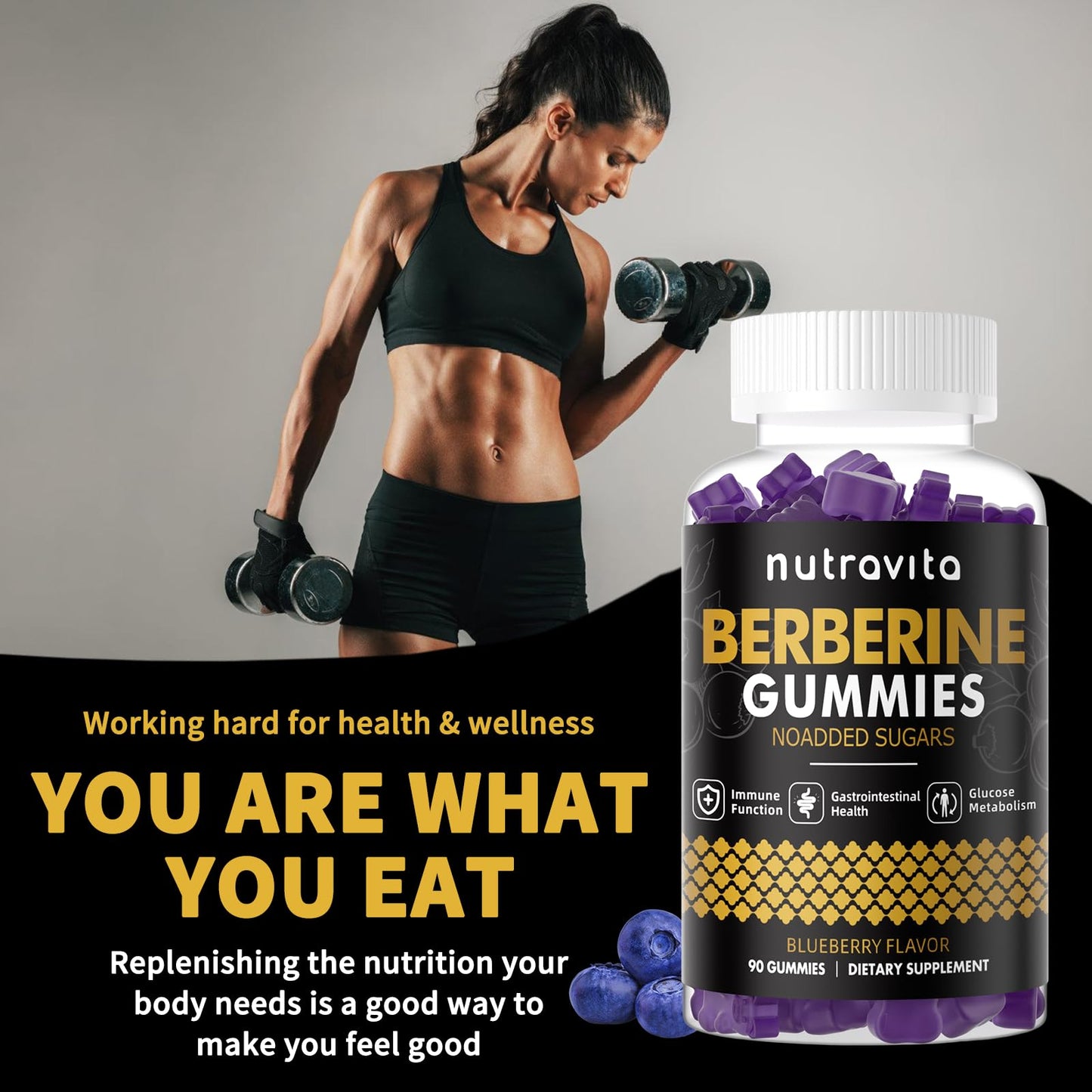 Nutravita Berberine Gummies with Ceylon Cinnamon 1500mg High Potency Berberine HCL, Sugar Free Organic Blueberry Flavor, 180 Gummies
