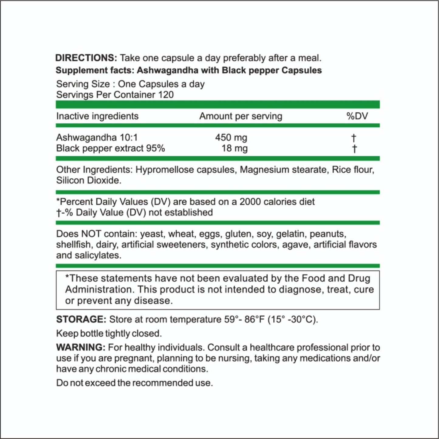 Natural Care Supplements Ashwagandha 450mg – Herbal Supplement with Black Pepper Capsules, 120 Count
