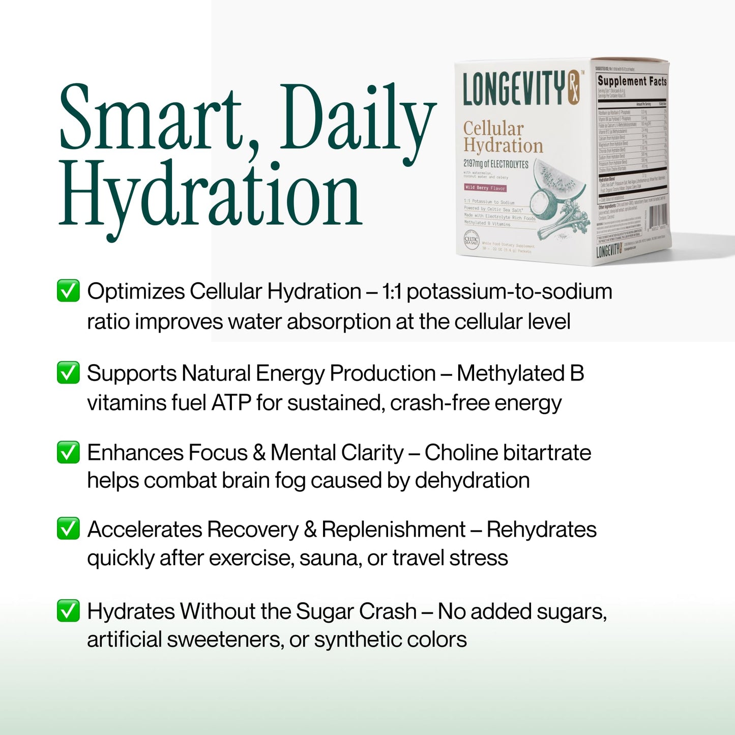 Longevity Rx Cellular Hydration Electrolyte Powder, 6.6 oz, Pink Celtic Cave Salt from Spain, 410 mg Choline, 1:1 Sodium-Potassium Ratio, 30 Servings