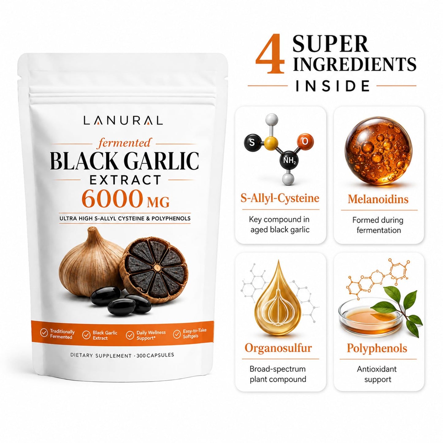Lanural organic Fermented Black Garlic Softgels 6000mg, 300 Softgels