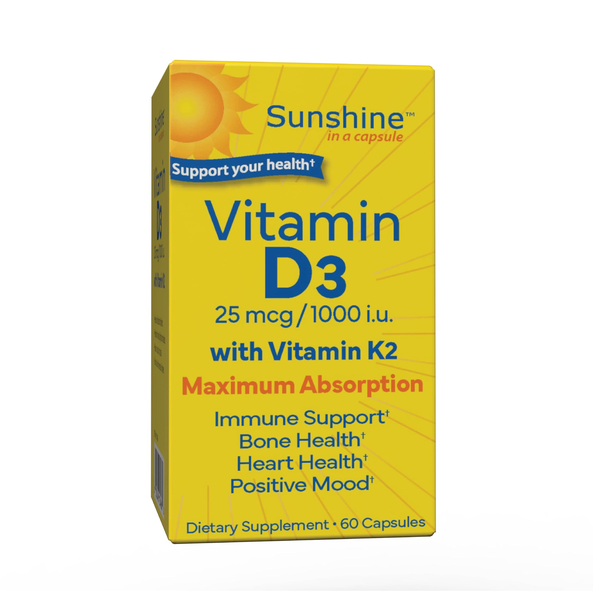 Sunshine Vitamin D3 25mcg (1000 IU) with Vitamin K2 Capsules, 60 Count