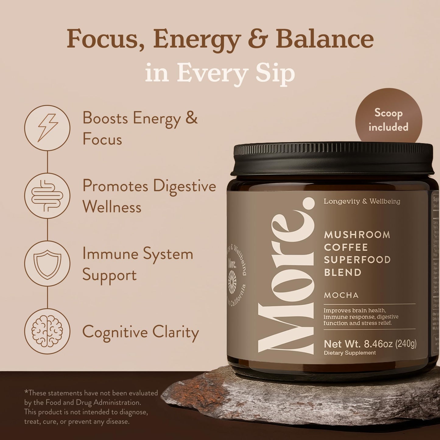 More. Longevity & Wellbeing Premium Mushroom Coffee Superfood - 7 Functional Mushroom Extracts with Lion’s Mane, Reishi, Chaga & Ashwagandha, Instant Coffee Alternative for Focus & Energy, Mocha Powder 8.46 Ounce