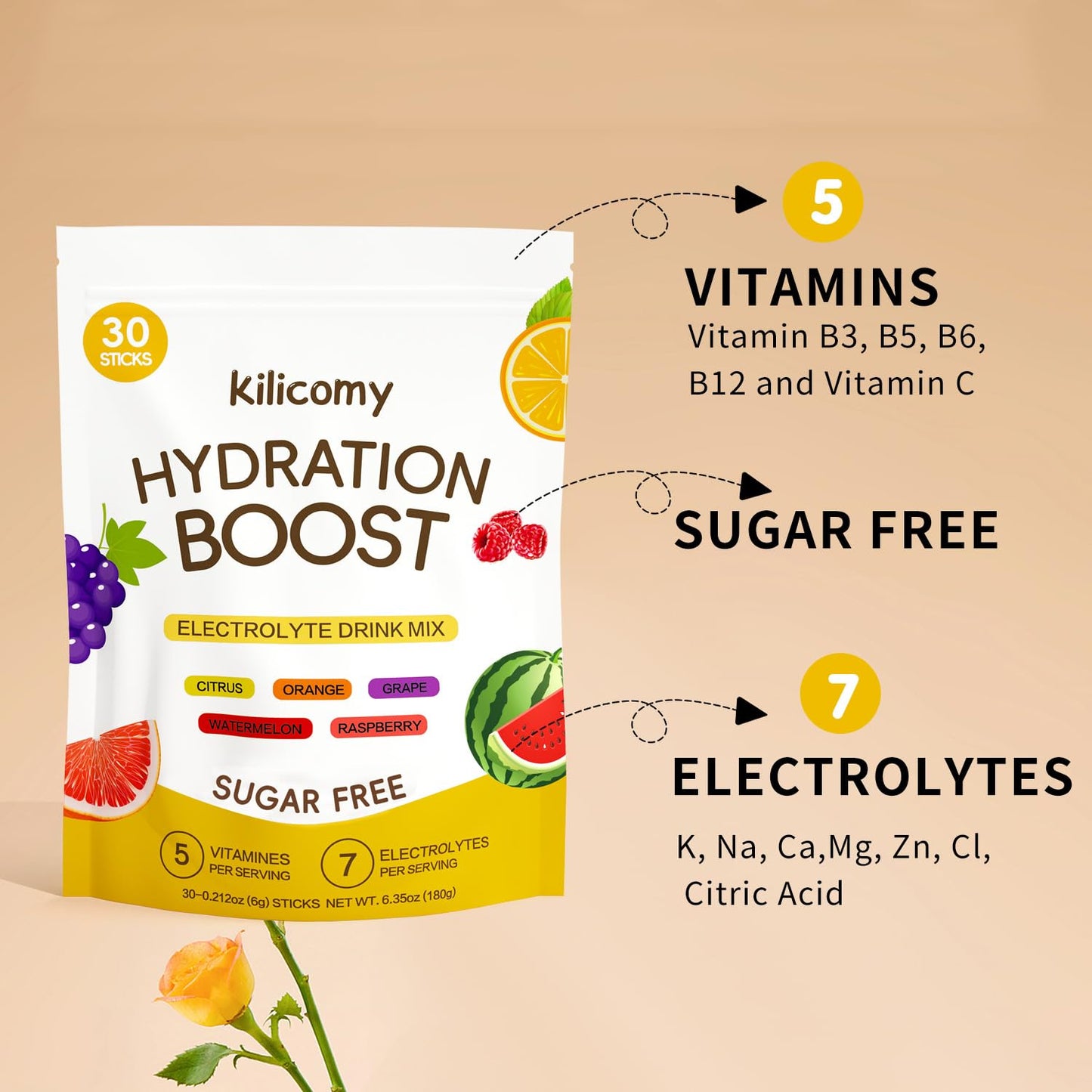 Kilicomy Sugar Free Electrolyte Powder Packets, 6.35 oz