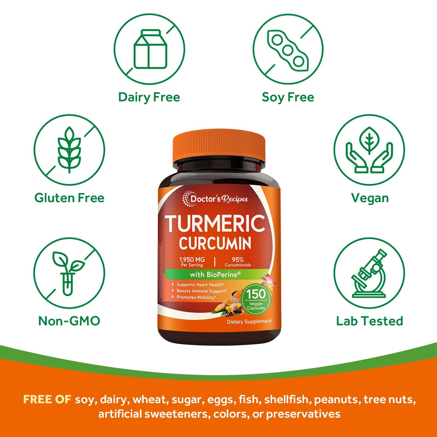 Doctor's Recipes Turmeric Curcumin with BioPerine Black Pepper Capsule, 150 Capsules