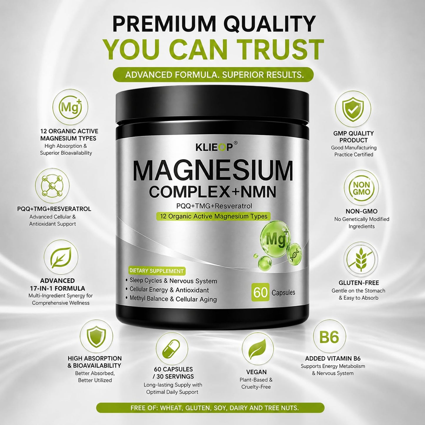 Klieop Magnesium Complex Supplement for Women and Men 17-in-1 with NMN, TMG, Resveratrol, PQQ & Vitamin B6, Sleep & Relaxation, Nervous System, NAD+ Level & Cellular Energy Support, Capsules, 60 Count