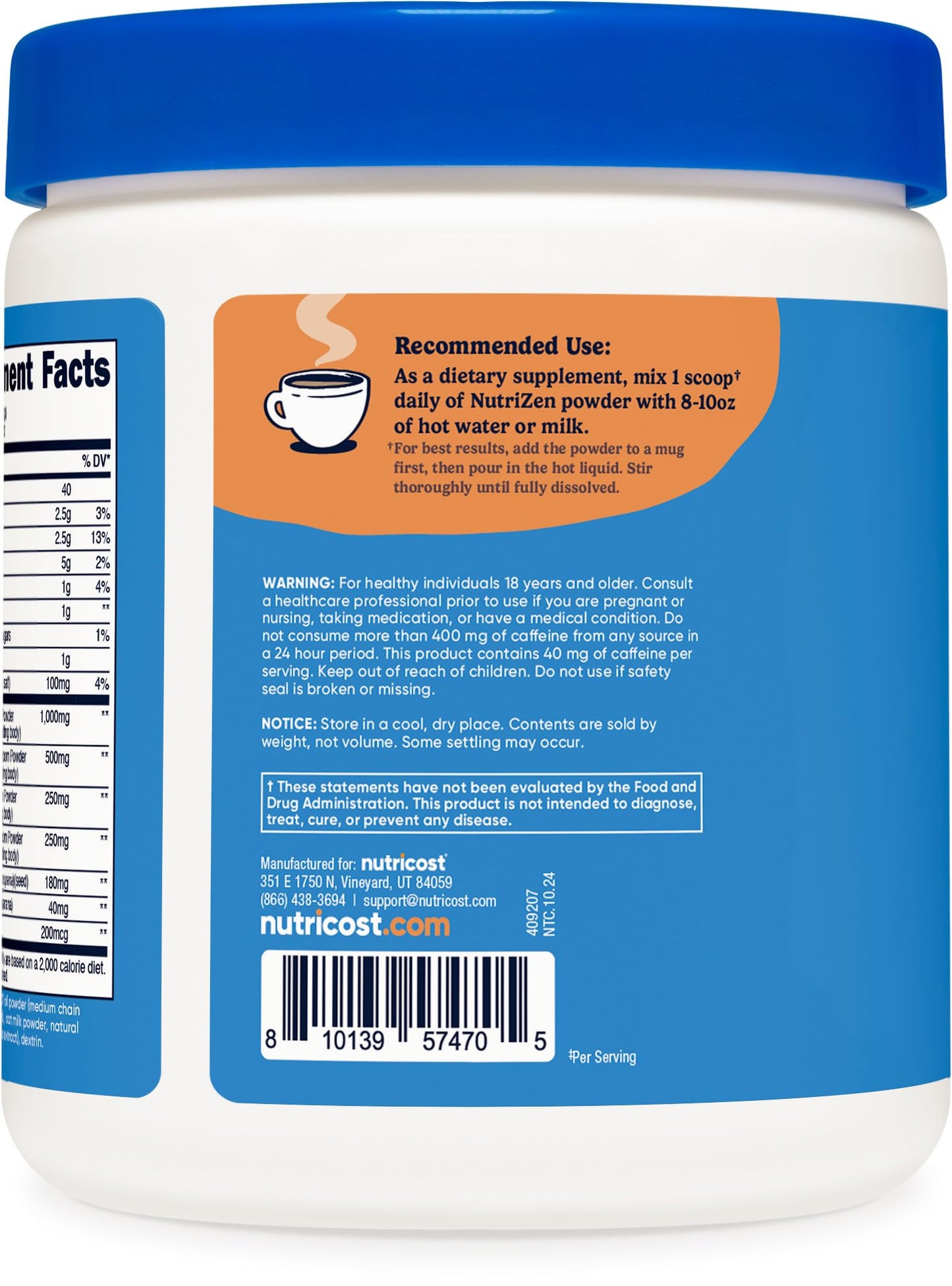 Nutricost Nutrizen AM Focus Adaptogenic Mushroom Drink (Cafe Latte) Powder 10.3 Ounce