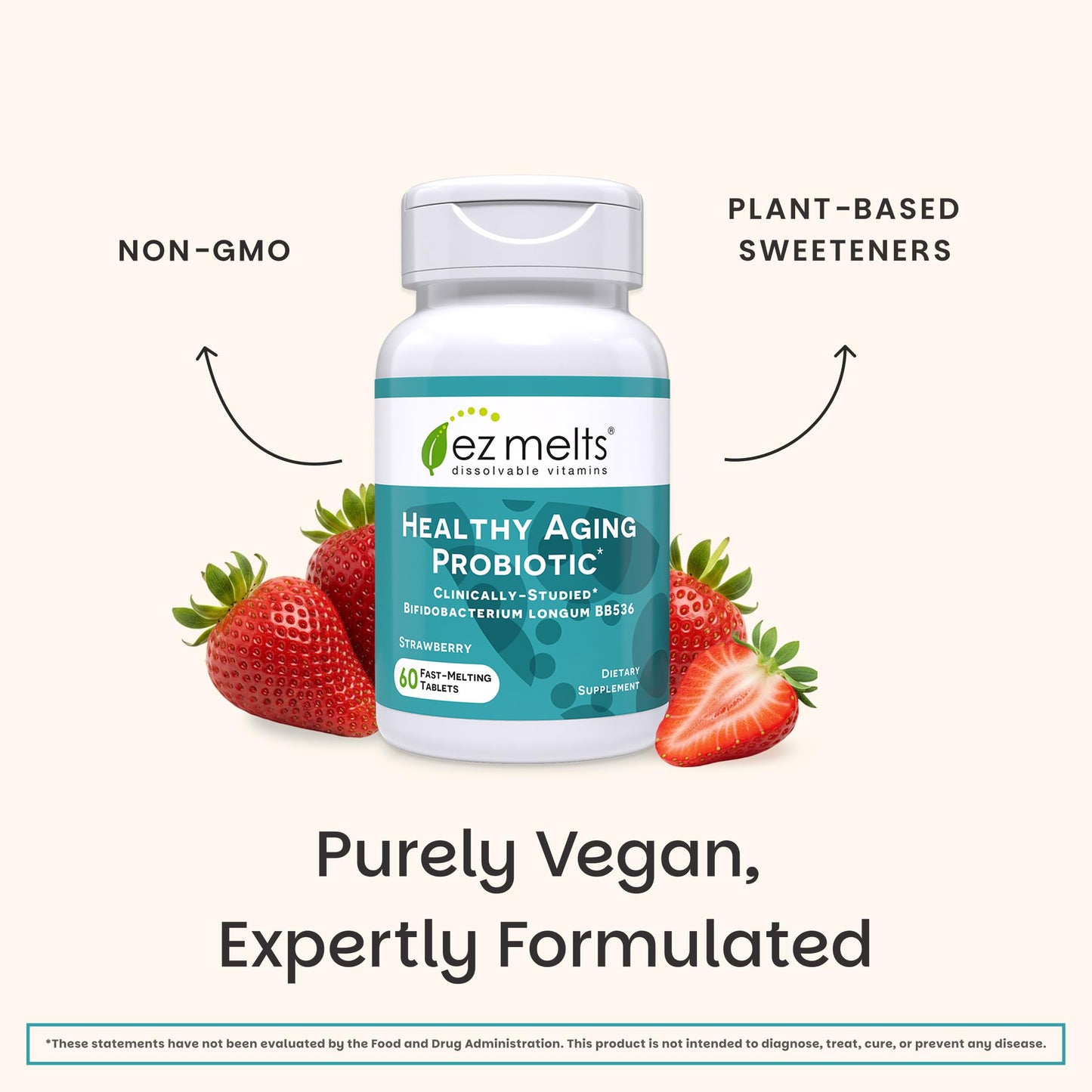 EZ Melts Healthy Aging Probiotic Daily Probiotic for Digestive & Gut Health Support with Bifidobacterium Longum, Non-GMO & Vegan, Strawberry, 60 Dissolvable Tablets
