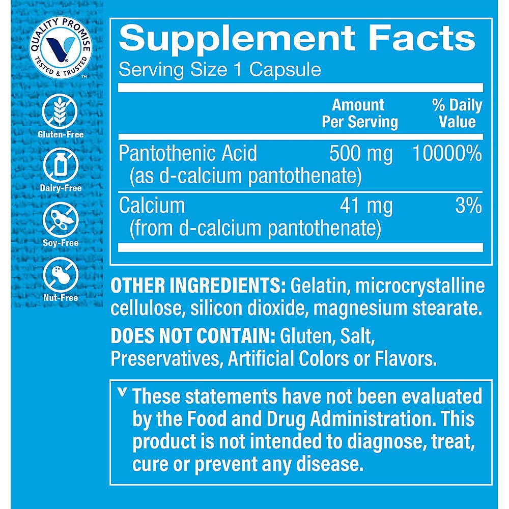 The Vitamin Shoppe Pantothenic Acid 500mg Vitamin B5 Capsules, 100 Capsules