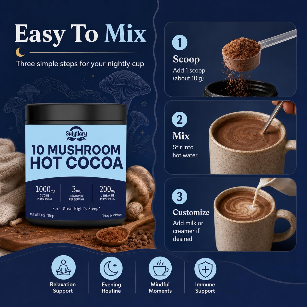 Suiyilary 10 Mushroom Hot Cocoa Powder with 3mg Melatonin Sleep Supplement, 5.3 oz