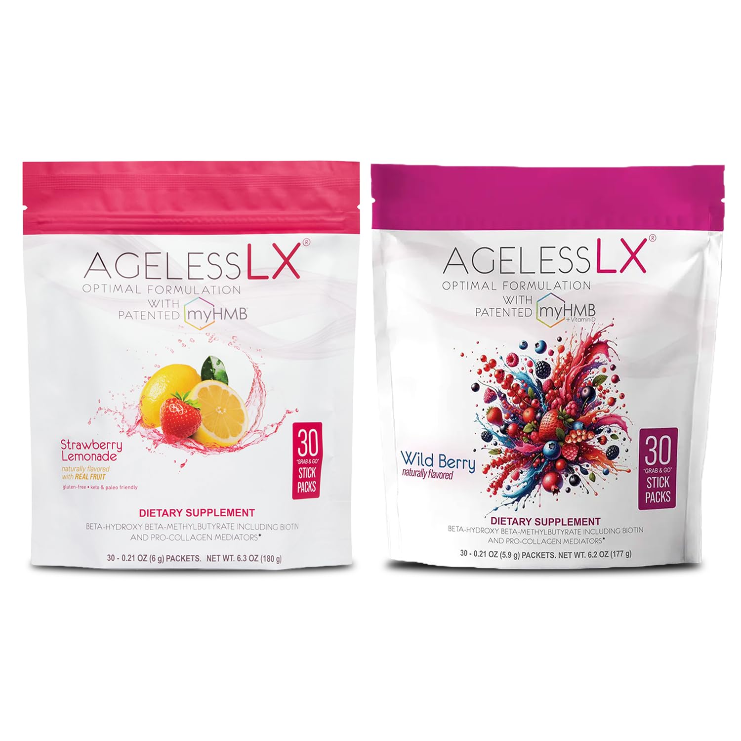 AgelessLX Powder Supplement for Women with HMB Collagen Enhancer, Vitamin D3, K2, Horsetail and Biotin, 30 Packets