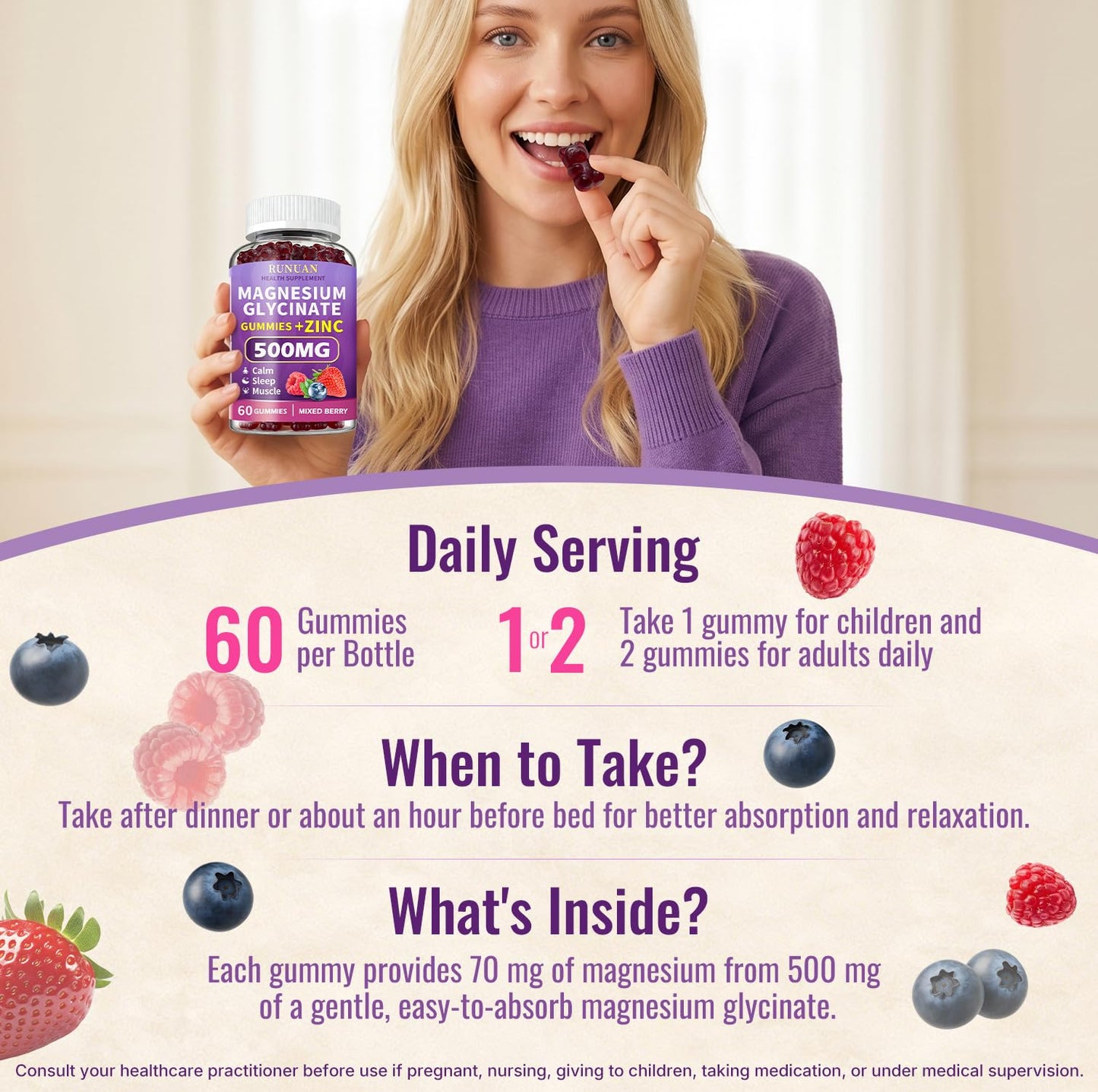 RUNUAN Magnesium Glycinate Zinc Gummies, 120 Gummies
