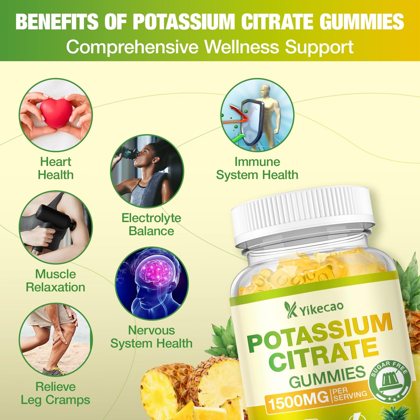 Yikecao Potassium Citrate Gummies 1500mg, Potassium Supplement Gummies for Adults, Women & Men, Sugar-Free Pineapple Flavor, 60 Count Gummies