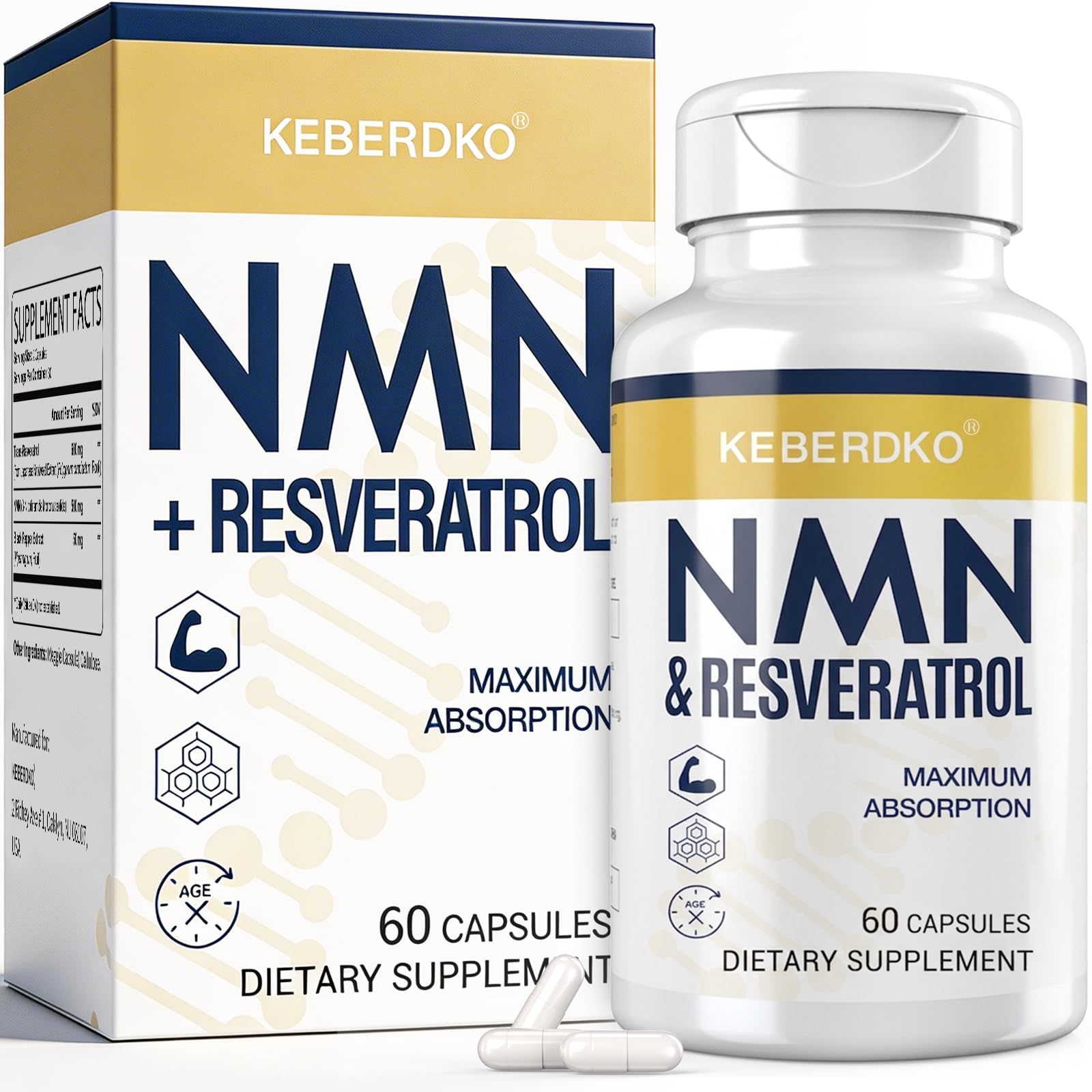 Keberdko NMN Complex 1150mg Per Serving NMN 500mg + Trans-Resveratrol 600mg 60 Capsules