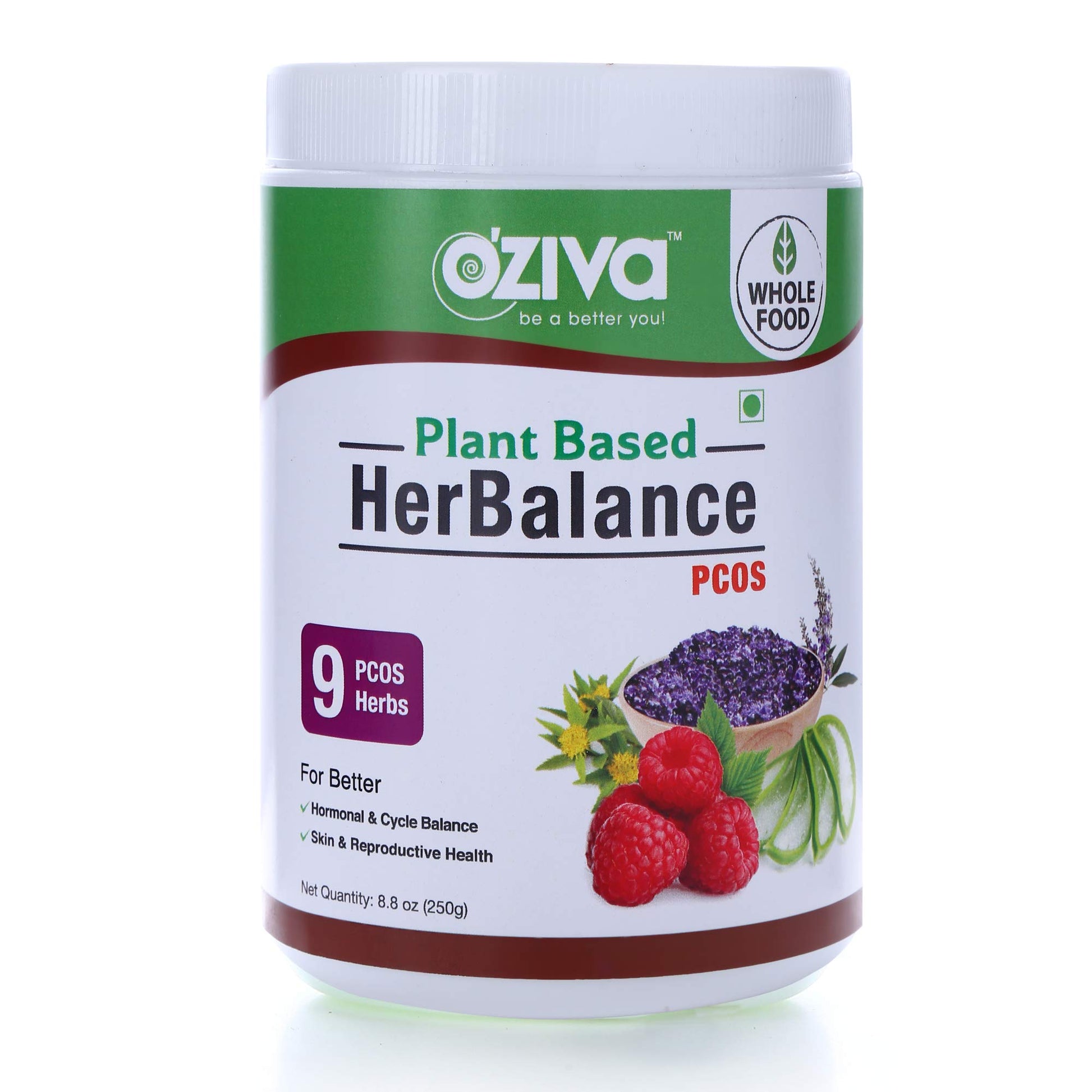 OZIVA Plant Based HerBalance PCOS with Chasteberry (Vitex), Rhodiola Rosea, Red Raspberry, Shilajit, Ashoka & More - Powder, 8.8 oz