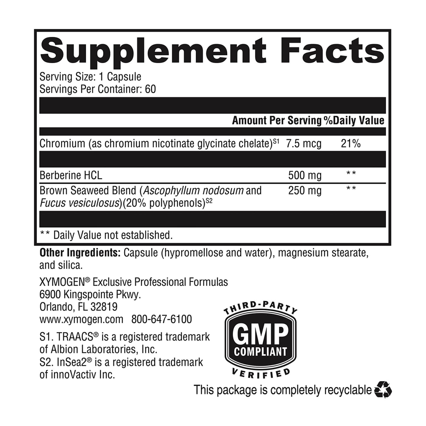 XYMOGEN Berberine with InSea2 - Blend of Polyphenols Capsules, 60 Count