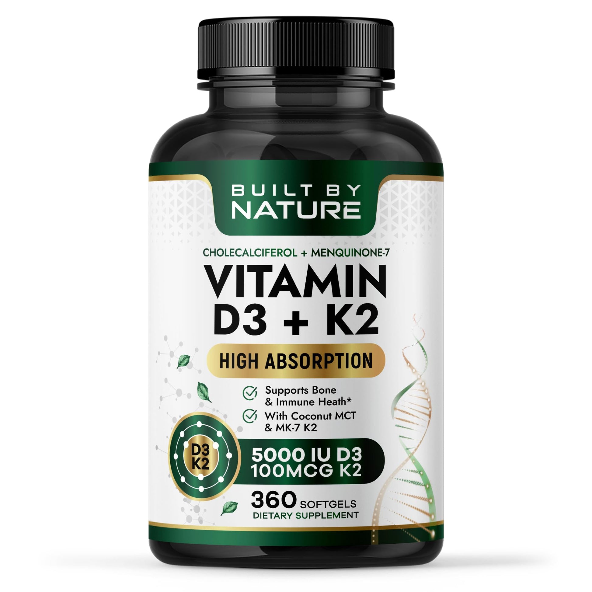Built by Nature Vitamin D3 K2, 5000 IU + 100 mcg MK-7 Softgels, 360 Count