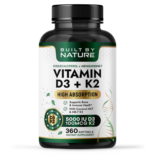Built by Nature Vitamin D3 K2, 5000 IU + 100 mcg MK-7 Softgels, 360 Count