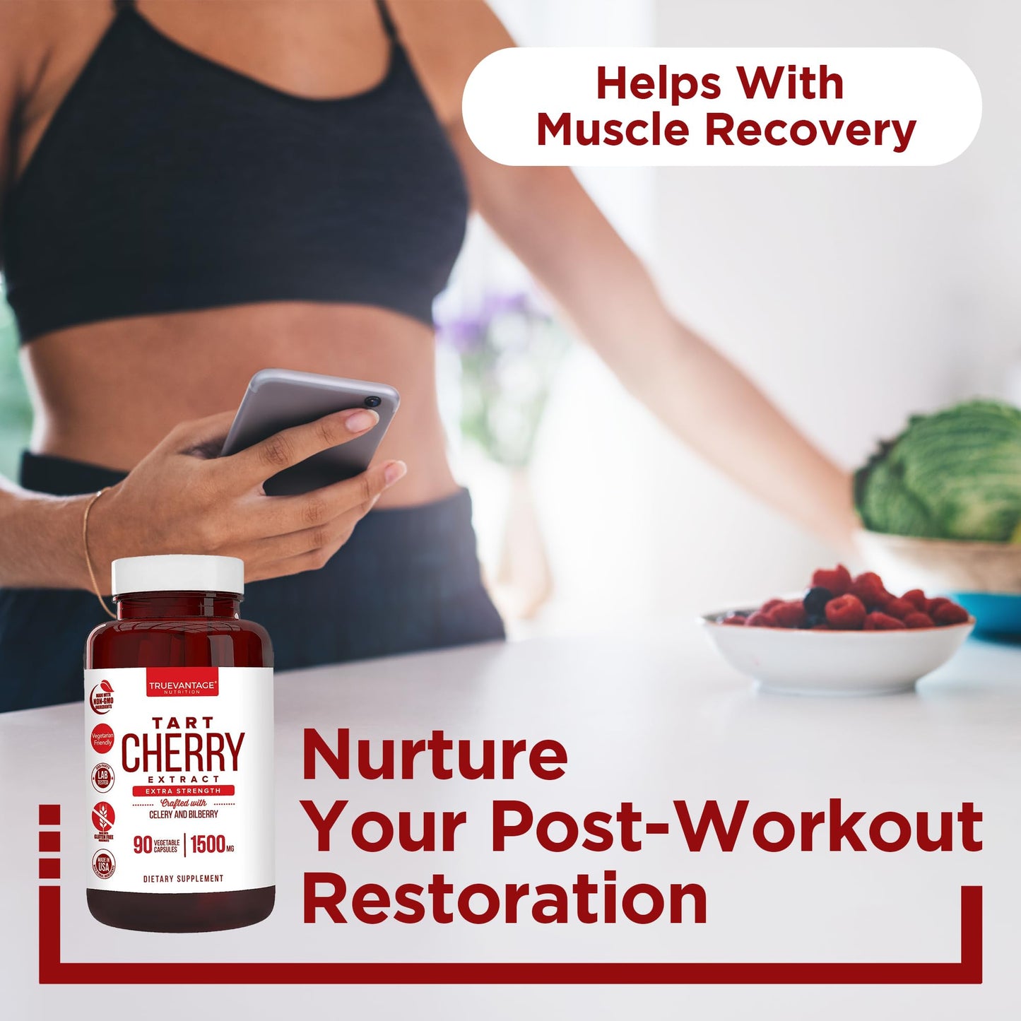 Truevantage Nutrition Tart Cherry Extract Capsules with Celery Seed Extract and Bilberry, 90 Capsules
