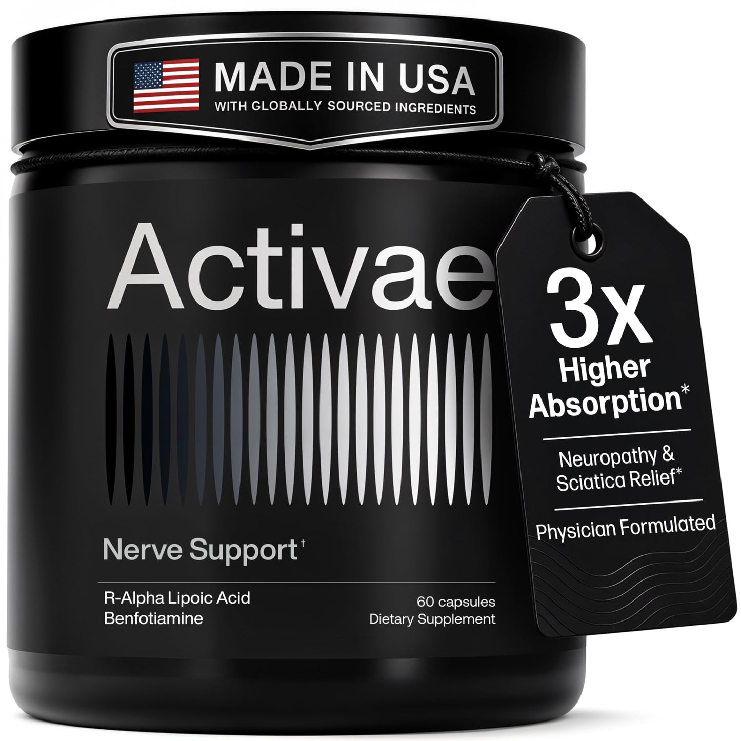 Activae Nerve Support for Neuropathy & Sciatic Pain Relief - Stabilized R-Alpha Lipoic Acid, Benfotiamine, Methyl B12, B6 & 5-MTHF - Physician-Formulated, Lab-Tested 60 Capsules
