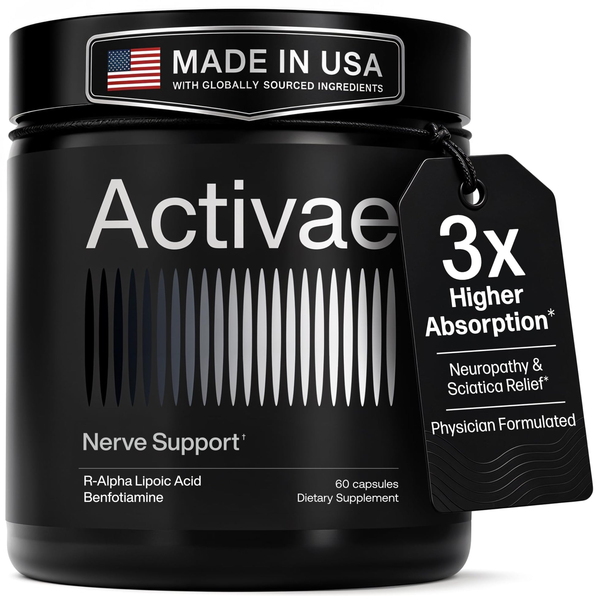 Activae Nerve Support for Neuropathy & Sciatic Pain Relief - Stabilized R-Alpha Lipoic Acid, Benfotiamine, Methyl B12, B6 & 5-MTHF - Physician-Formulated, Lab-Tested 60 Capsules