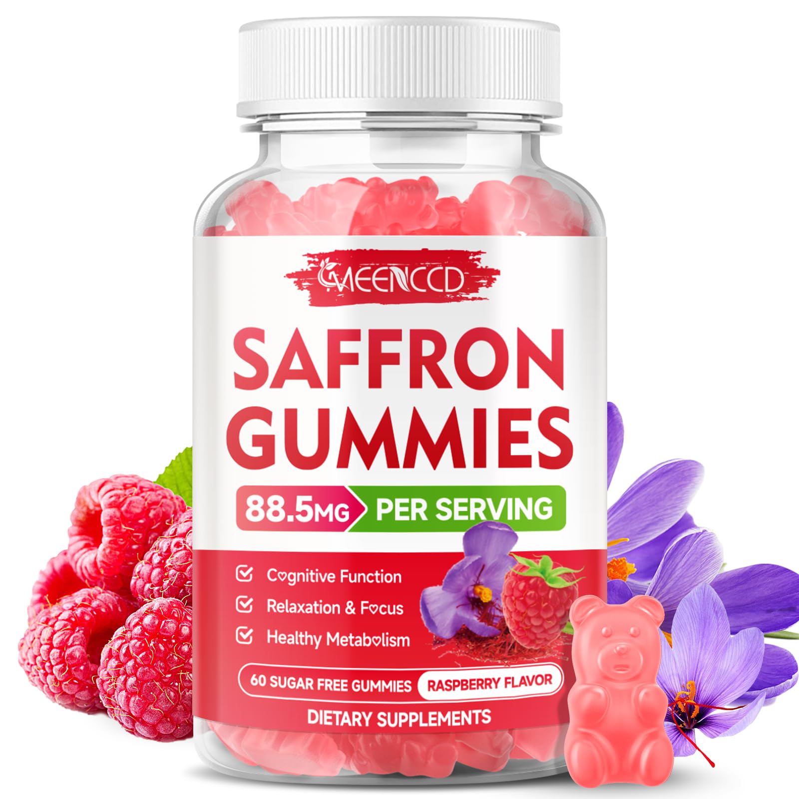MEENCCD Saffron Gummies for Kids & Adults, Sugar-Free, Raspberry Flavor, 60 Count