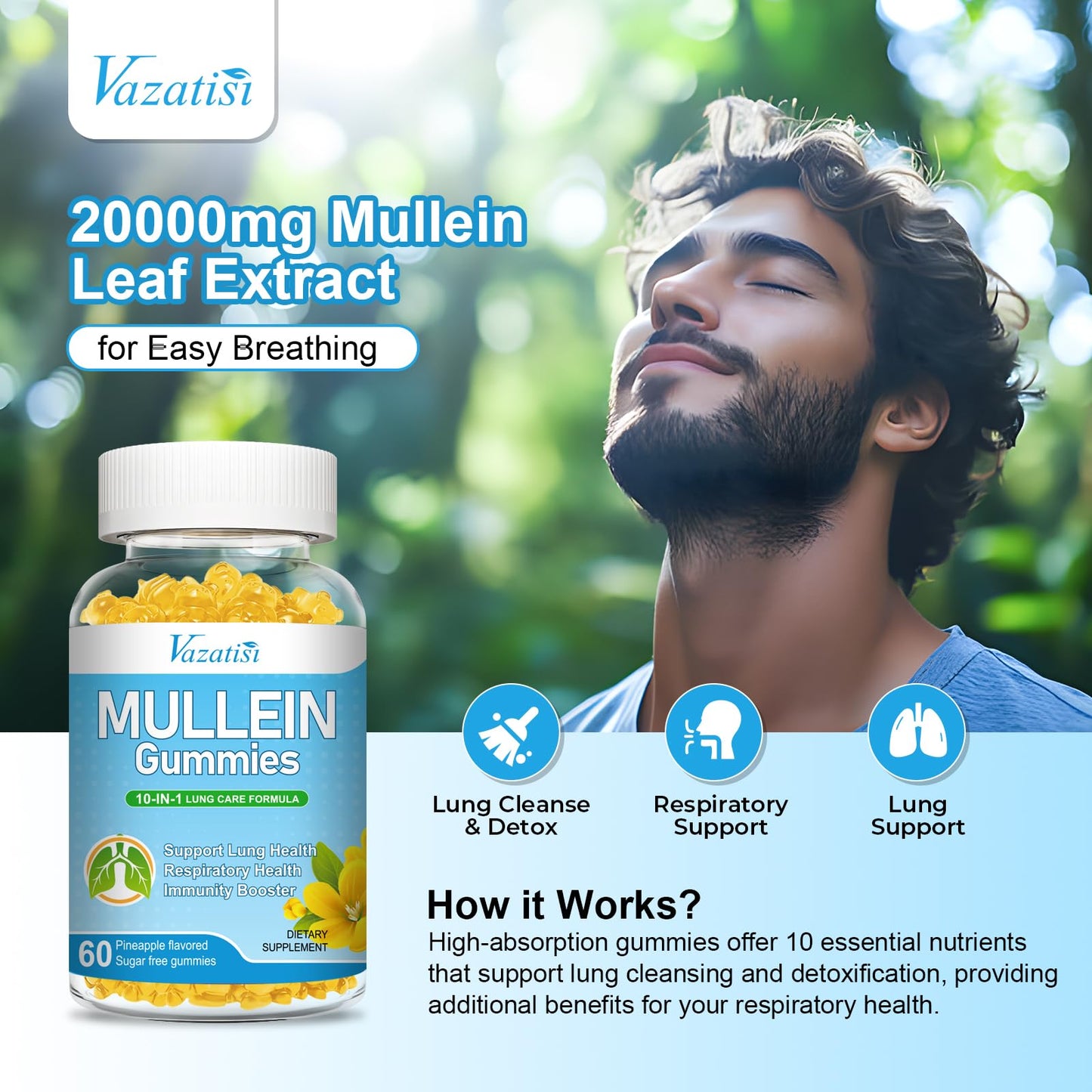 Vazatisi Mullein Gummies for Lungs with Mullein Leaf Extract, Bromelain, Quercetin, Magnesium, Pineapple Flavor, 120 Gummies