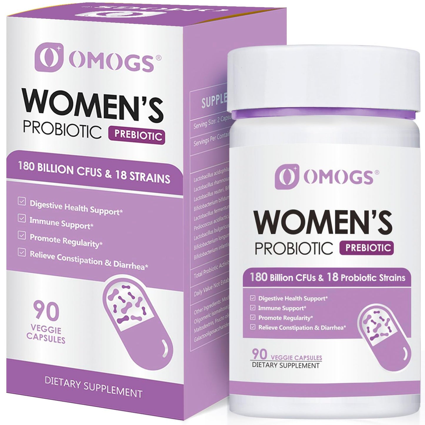 OMOGS Women's Probiotic 180 Billion CFUs 18 Strains with Organic Prebiotics, Cranberry Extract, D-Mannose & Digestive Enzymes, 90 Capsules