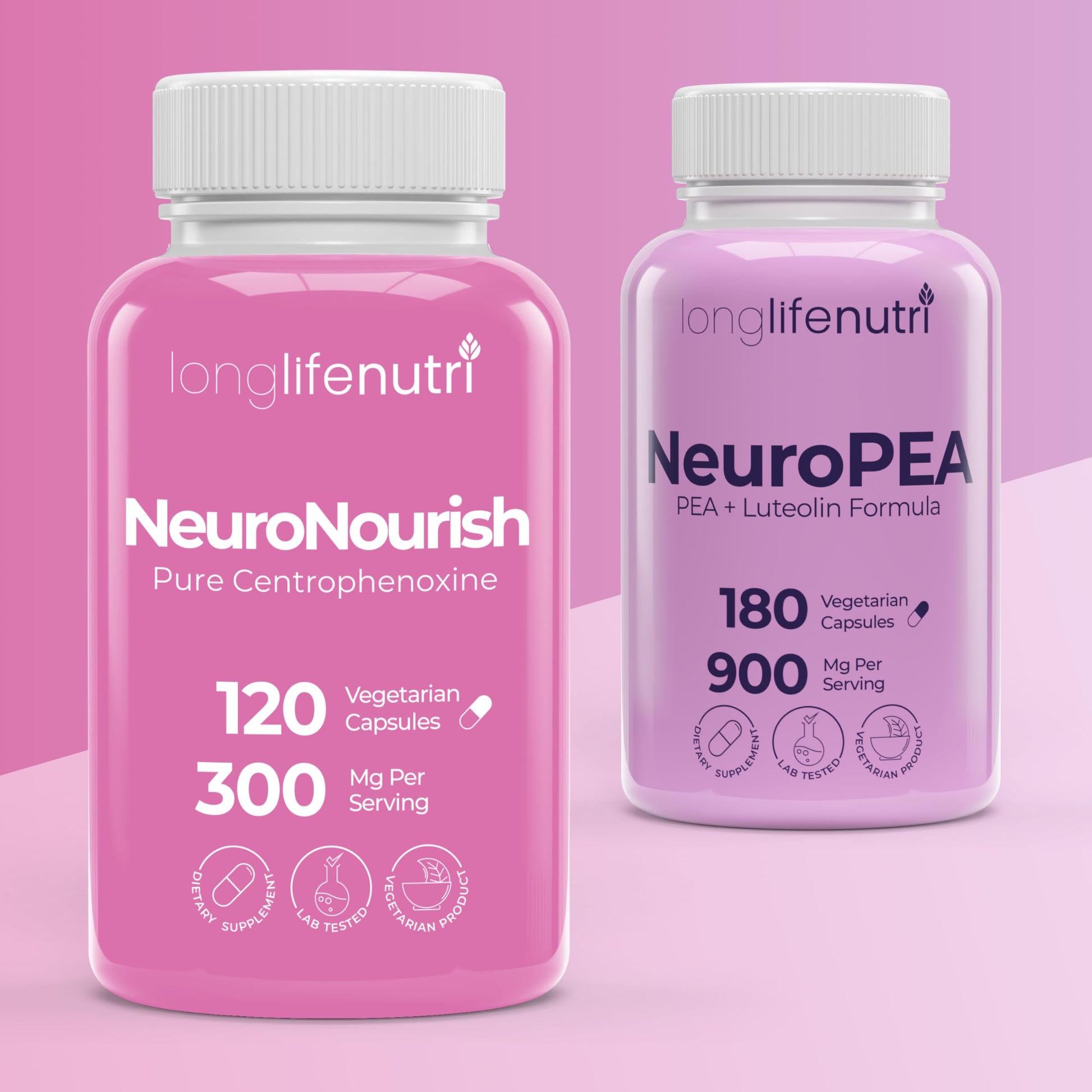 LongLifeNutri Centrophenoxine 300 mg & NeuroPEA 800 mg + Luteolin 100 mg Bundle Veg Capsules, 300 Count