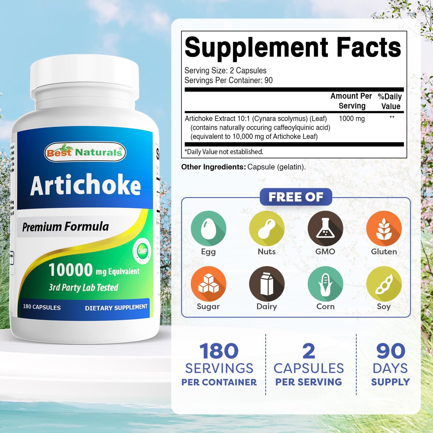 Best Naturals Artichoke Extract 1000 mg Per Serving, 180 Capsules