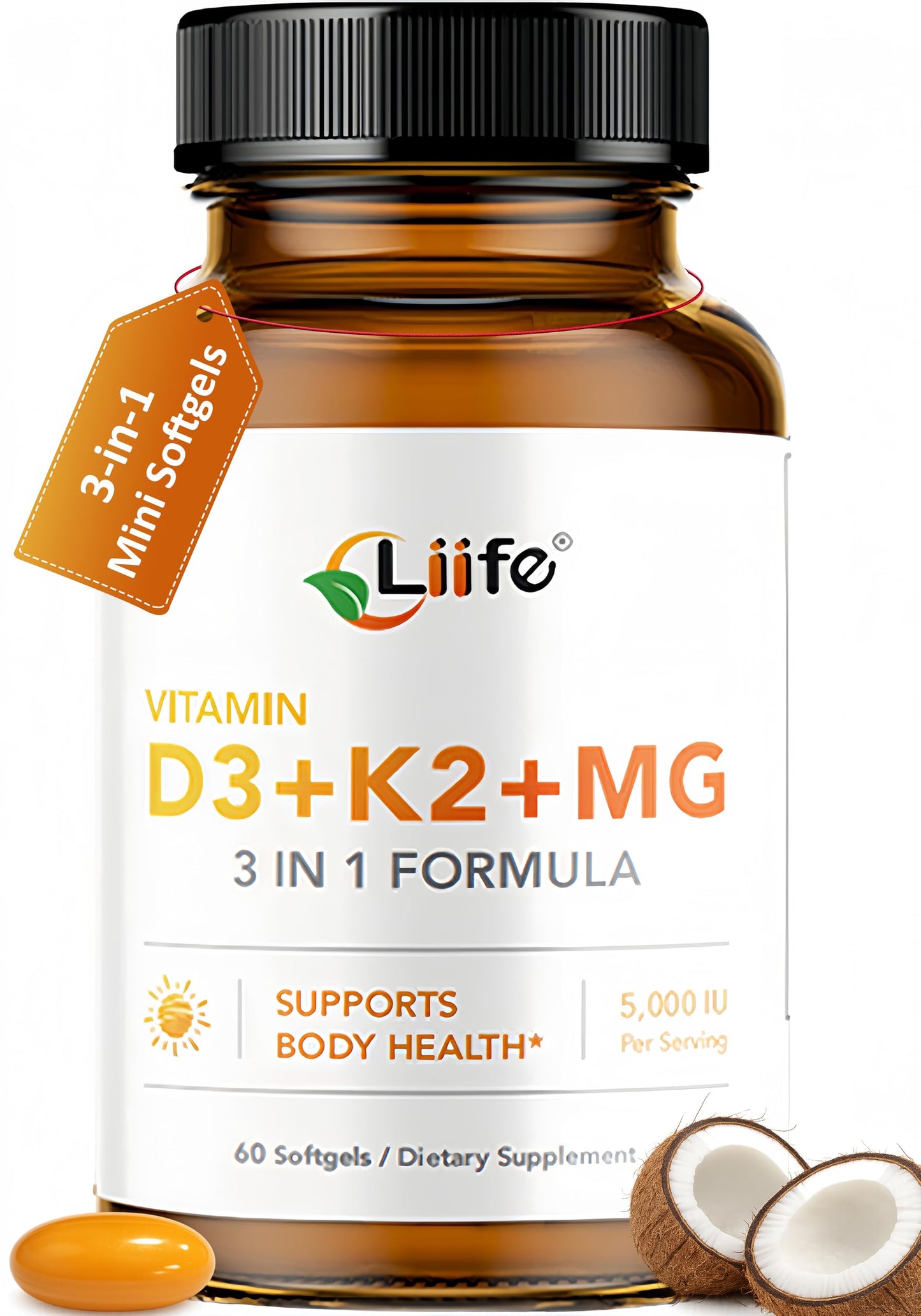LIIFE D3 K2 with Magnesium Bisglycinate & B6, 5000 IU D3, MK7 & MK4 K2 Softgels, 60 Count