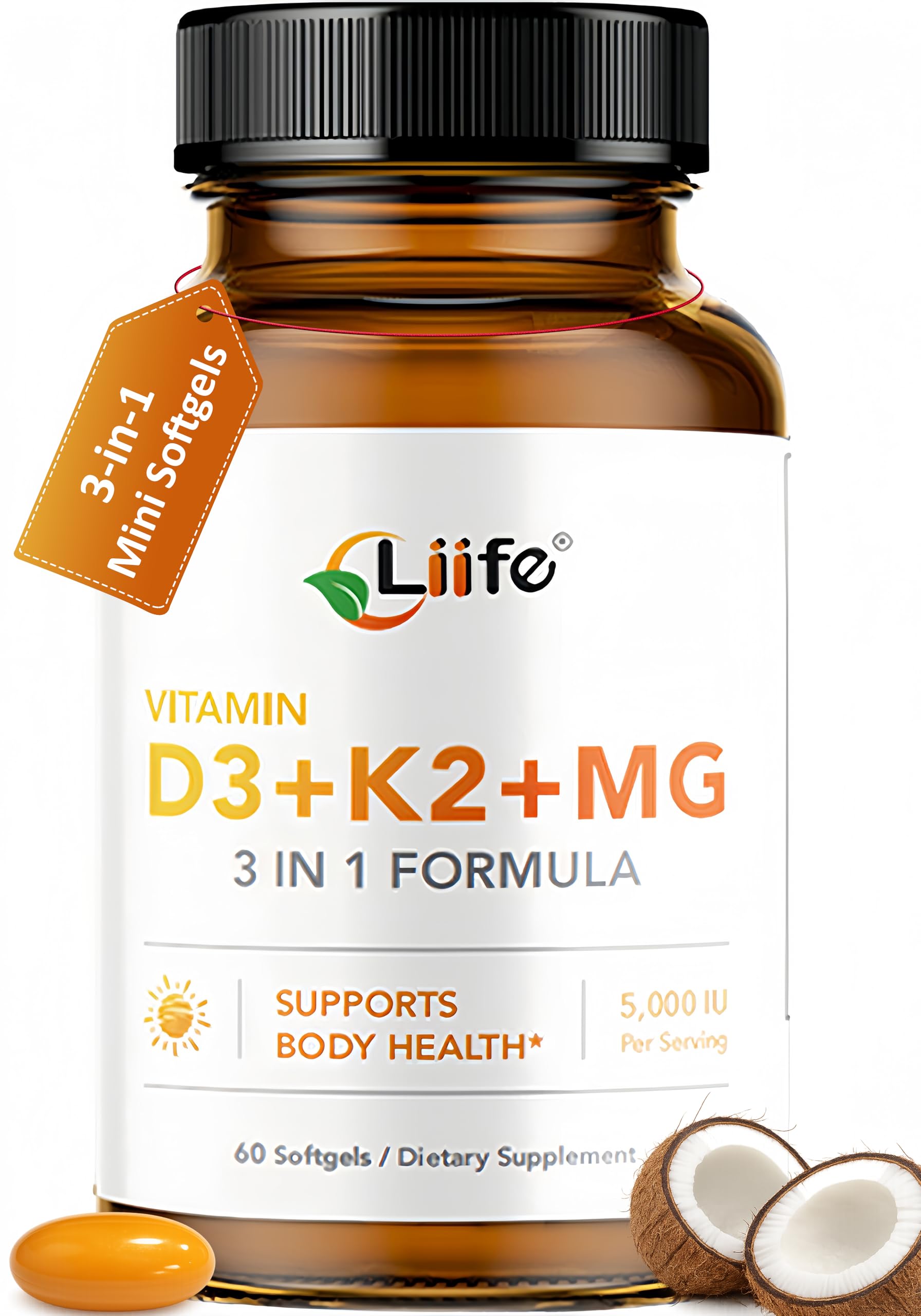 LIIFE D3 K2 with Magnesium Bisglycinate & B6, 5000 IU D3, MK7 & MK4 K2 Softgels, 60 Count