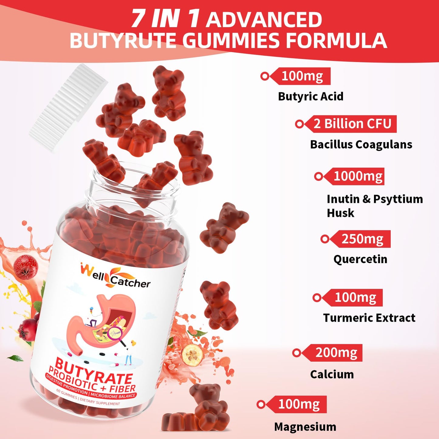 Wellcatcher Butyrate Gummies Gut Health Supplement with Probiotic & Prebiotic Fiber, Sugar Free, Hawthorn Flavor, 60 Gummies