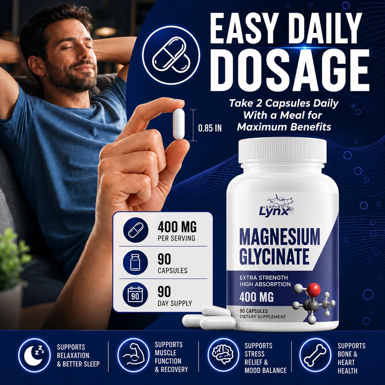 Leaping Lynx Magnesium Glycinate 400mg Capsule, 120 Capsules