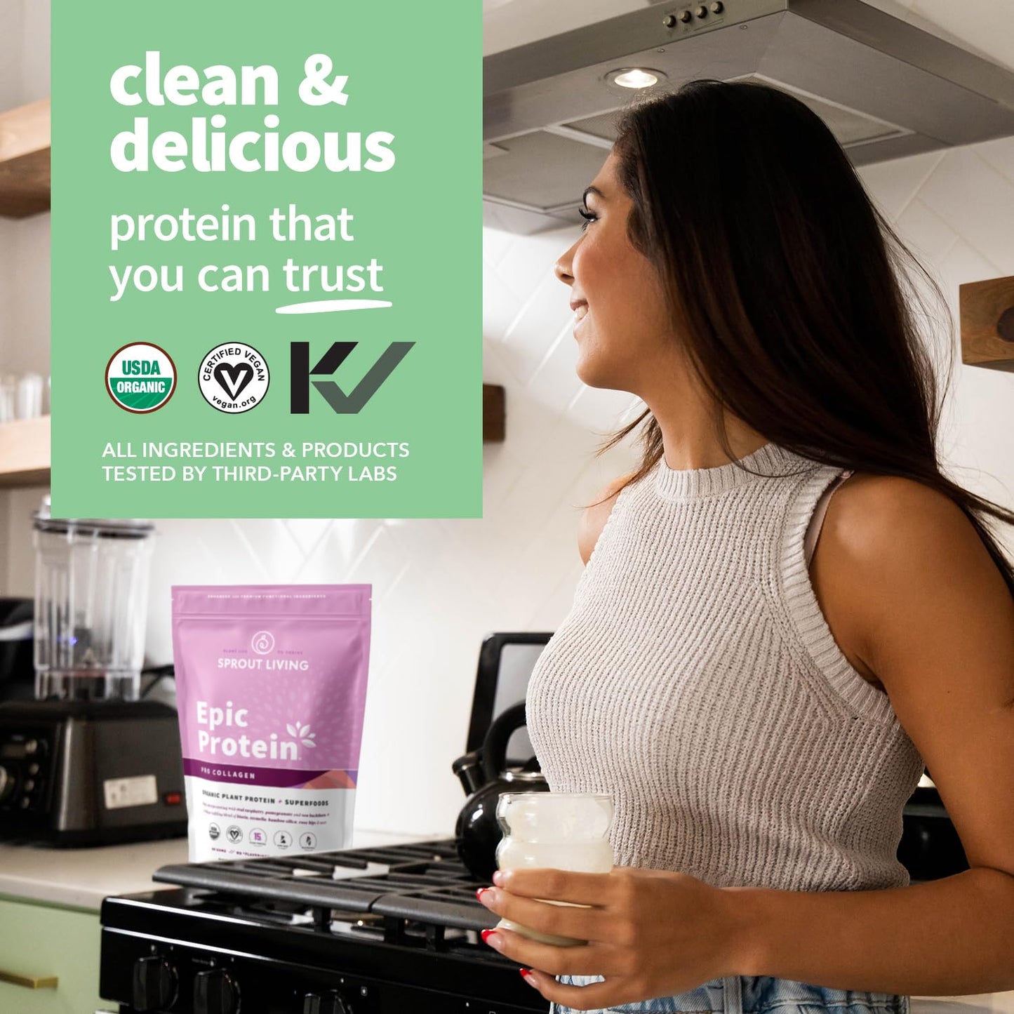 Sprout Living Epic Protein Powder, Plant Based Protein & Superfoods, Pro Collagen, Berry, 12.8 Ounce