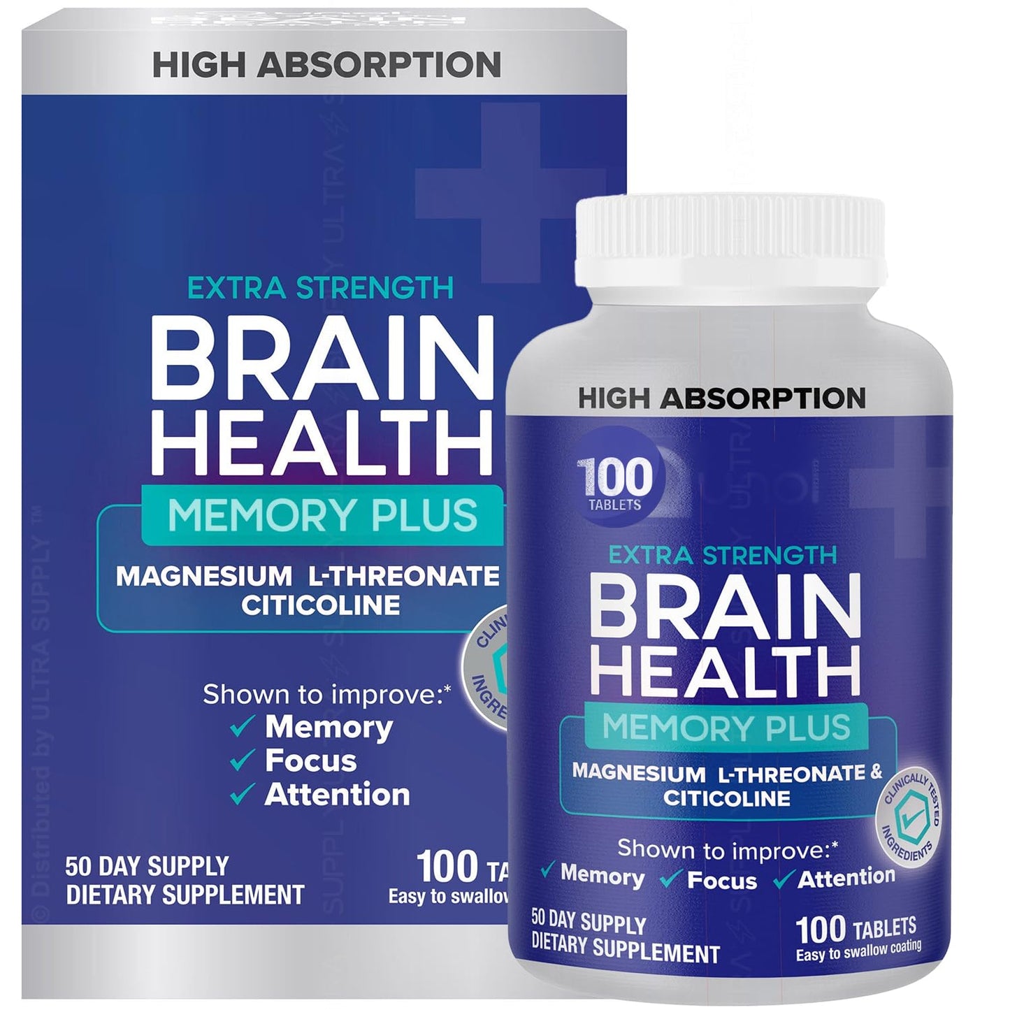 Generic Brain Health Memory Plus - Magnesium L-Threonate & Citicoline Tablets - High Absorption, Caffeine-Free, Easy to Swallow, 100 Tablets