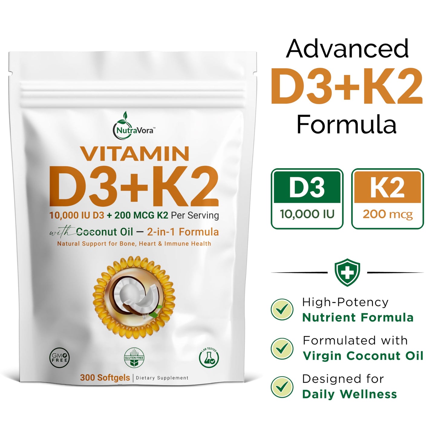 NutraVora Vitamin D3 K2 Supplement Softgels 300