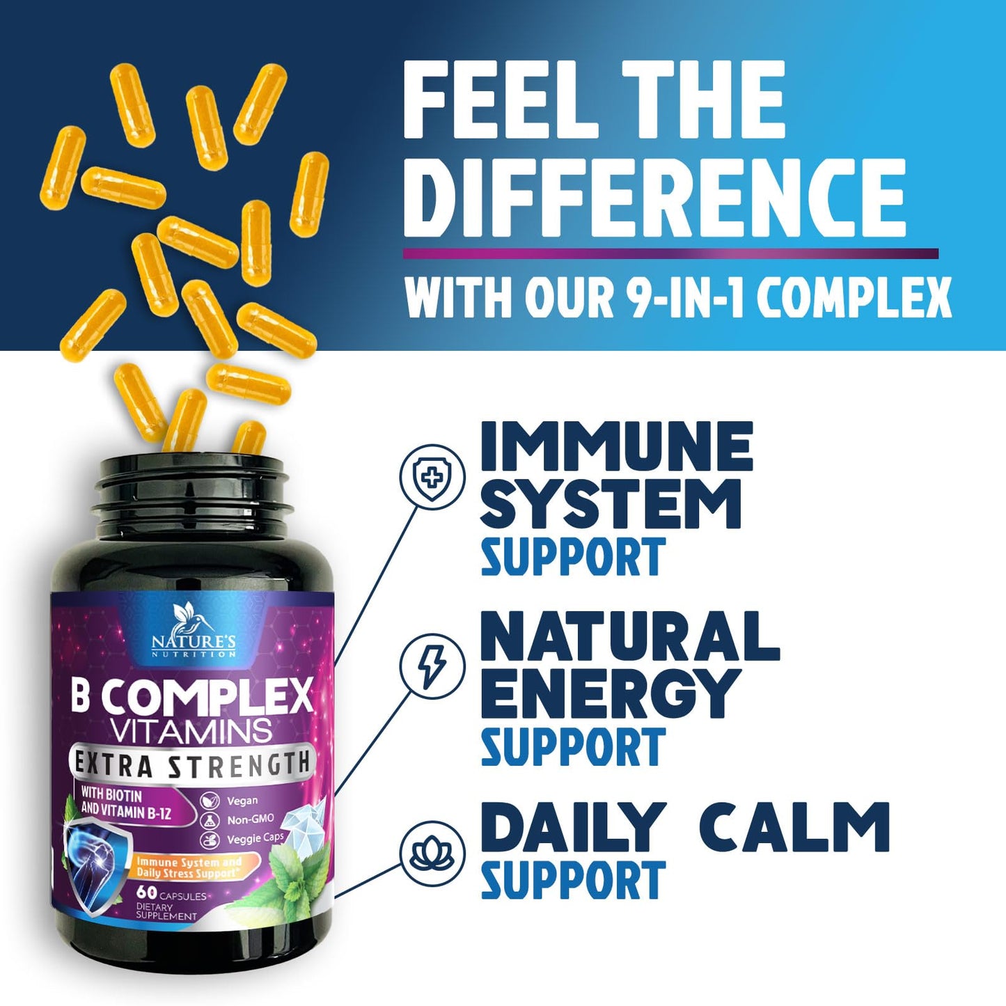 Nature's Nutrition B Complex Vitamins Capsules - Super Complete B-100 Complex with Vitamin B12 B6 C Biotin Folate & Folic Acid for Immune & Energy Support, 60 Capsules