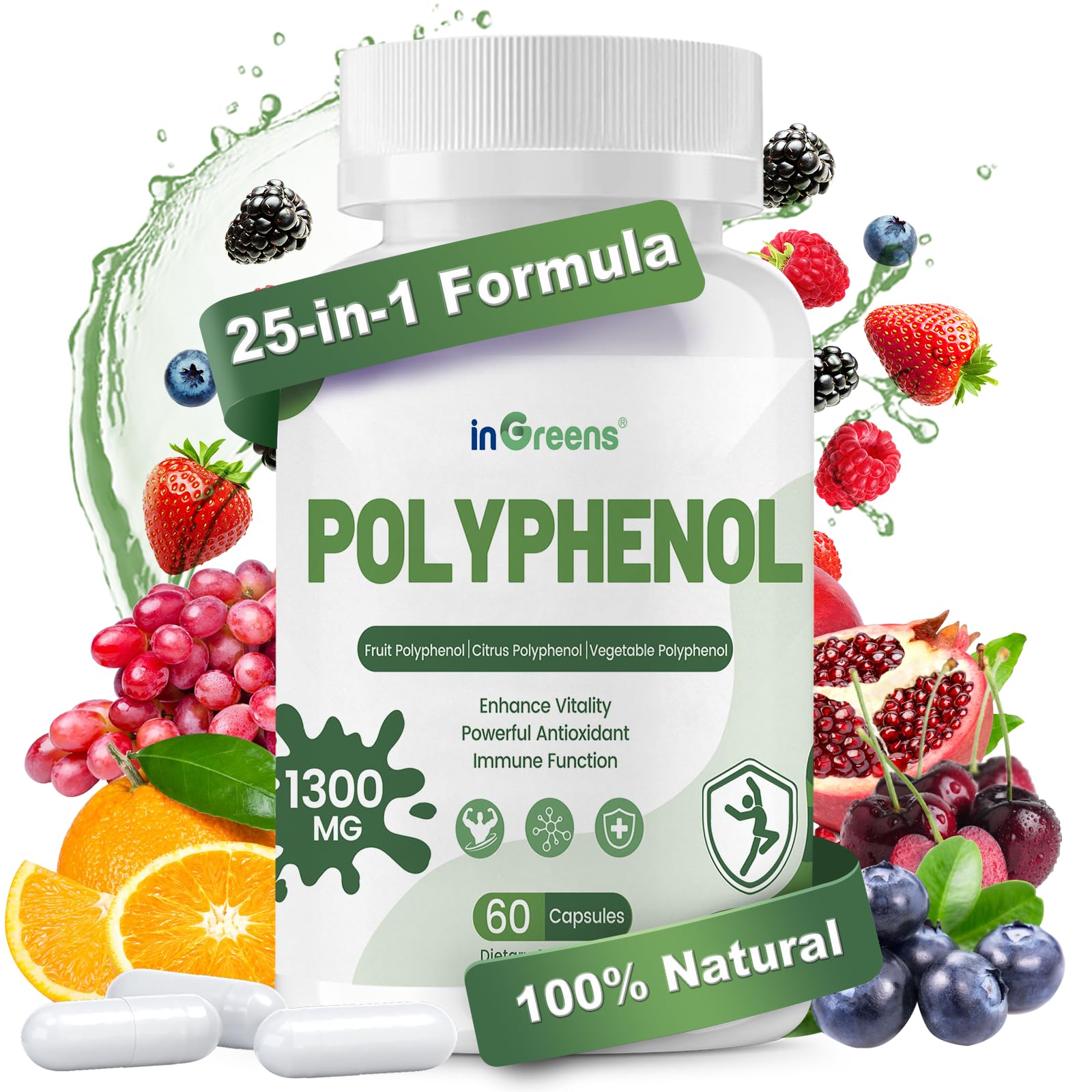 inGreens 25-in-1 Polyphenols Supplement, Quercetin, Resveratrol 60 Capsules
