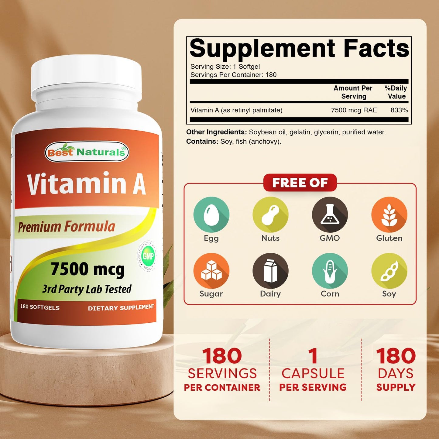 Best Naturals Vitamin A 25000 IU (7500 mcg) Softgels 180 Count