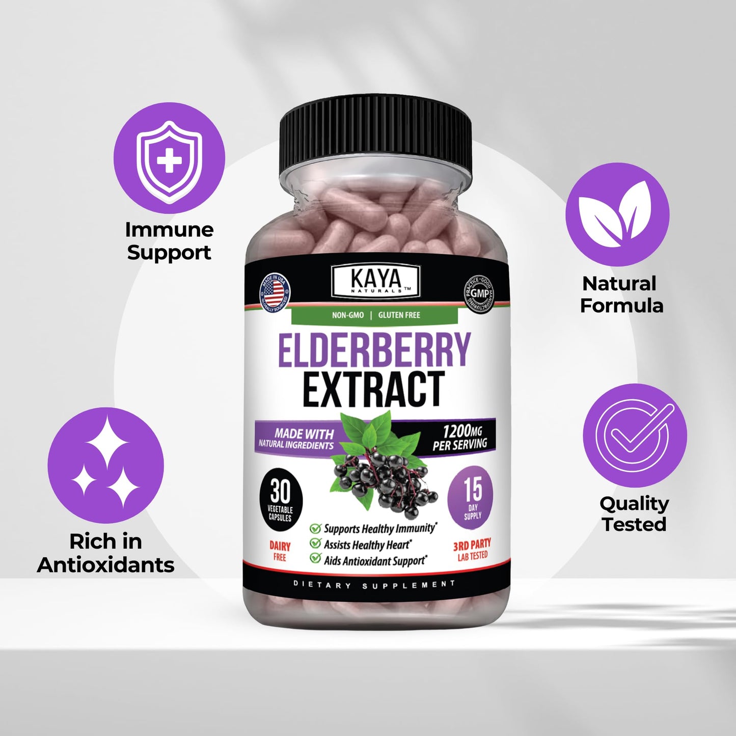 Kaya Naturals Elderberry Immune Support Sambucus Capsules, 30 Count